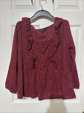 Madewell Burgundy Eyelet Ruffle Peplum Blouse